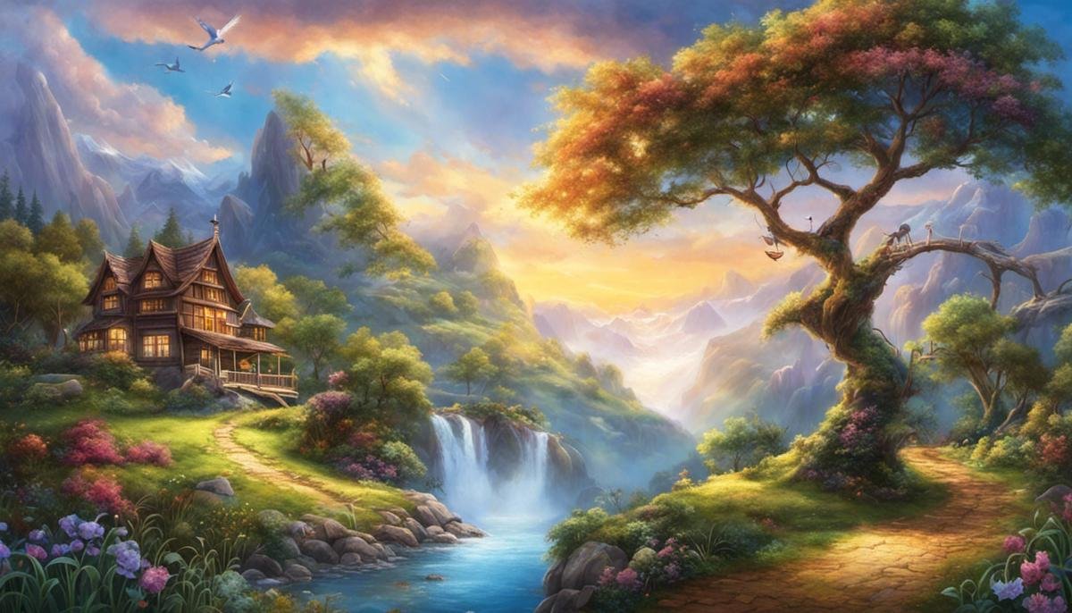 A beautiful landscape of magical lands, showcasing enchanting creatures and majestic scenery.